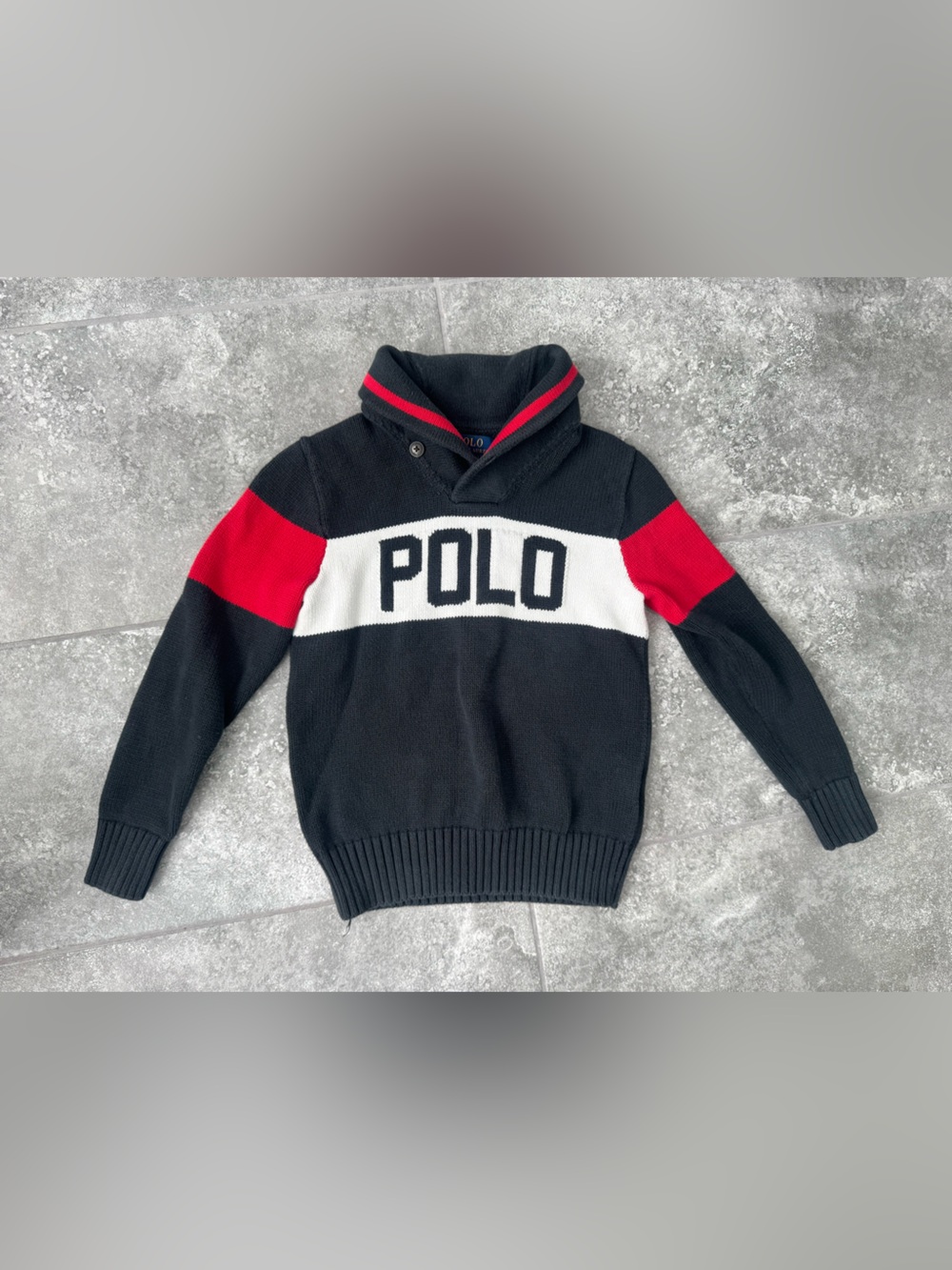 Polo Ralph Lauren Black Red White Colorblock Collar Sweater kid M 10-12Y